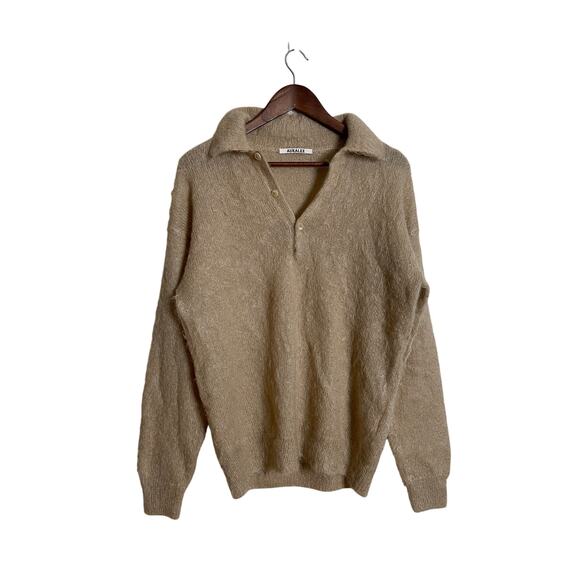 Auralee Japan Brushed Mohair Wool Polo Sweater Tan Mens 3/L - Picture 1 of 11